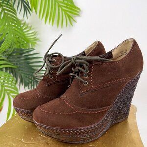 Women's Vintage Y2K Brown Fairy Grunge Boho Platform Lace Up Wedge Bootie / 7
